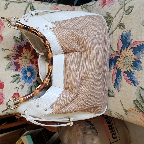 LOFT Woven and Off White Croc Embossed Shoulder Bag, with "Bamboo" Handle. - Picture 3 of 12